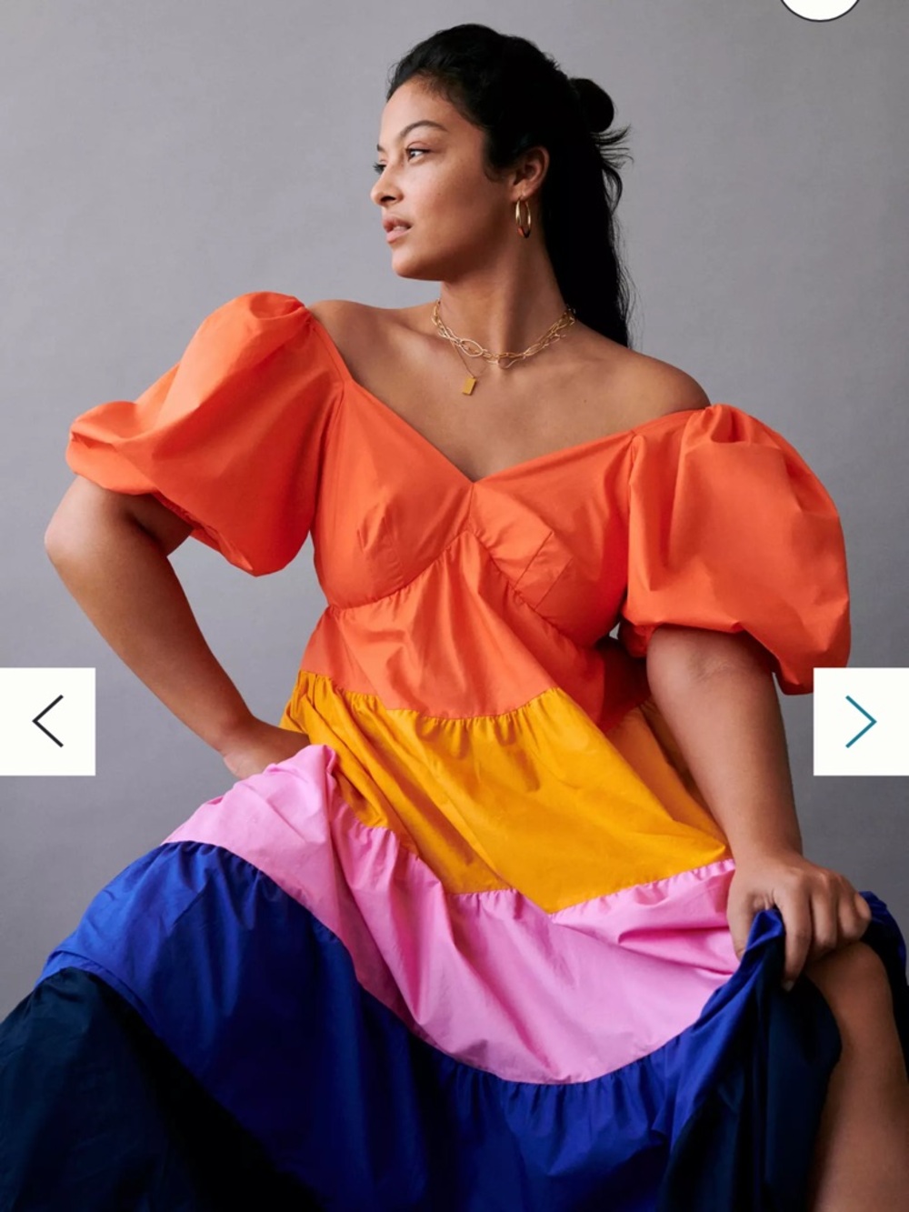 NEW FARM RIO Cotton Tiered RufflePuff Sleeves Colorblock Maxi Dress, Medium - Picture 3 of 16